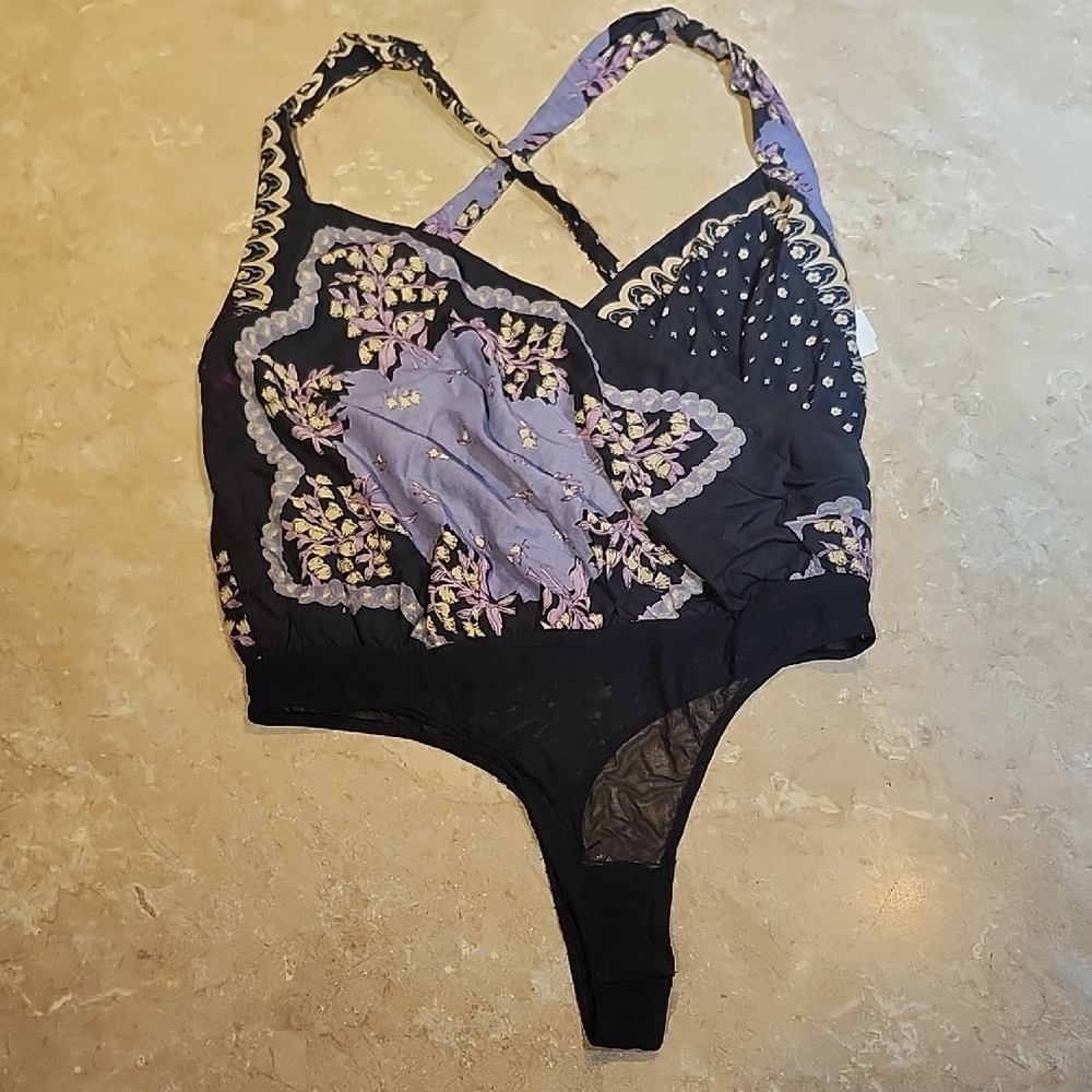 Free People Blue Cotton Handkerchief Halter Top Bodysuit M
